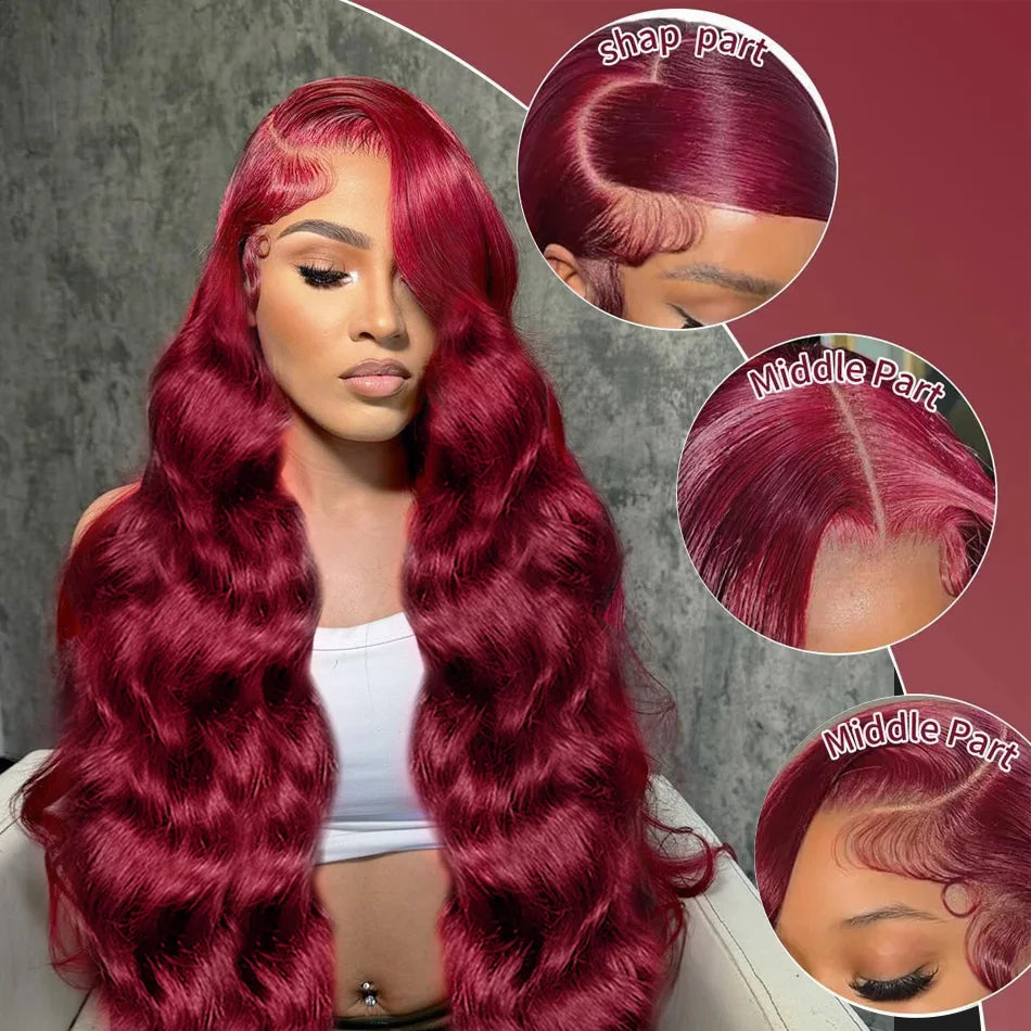 99J Burgundy Lace Front Human Hair Wig Body Wave Red Colored Glueless Wigs Brazilian 13x4 HD Lace Frontal Wigs For Women