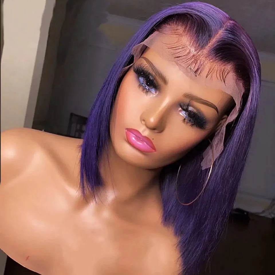 Short Bob Wig 180% Dark Purple Lace Front Human Hair Wigs