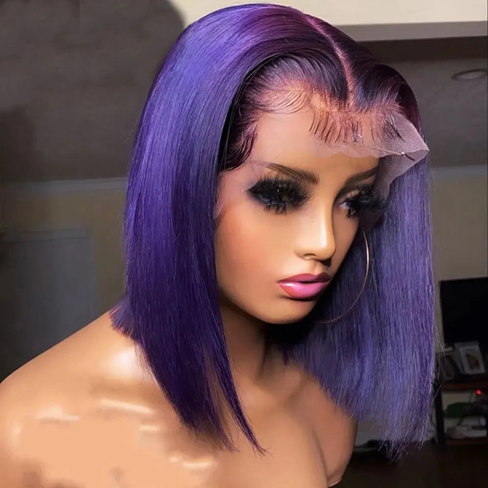 Short Bob Wig 180% Dark Purple Lace Front Human Hair Wigs