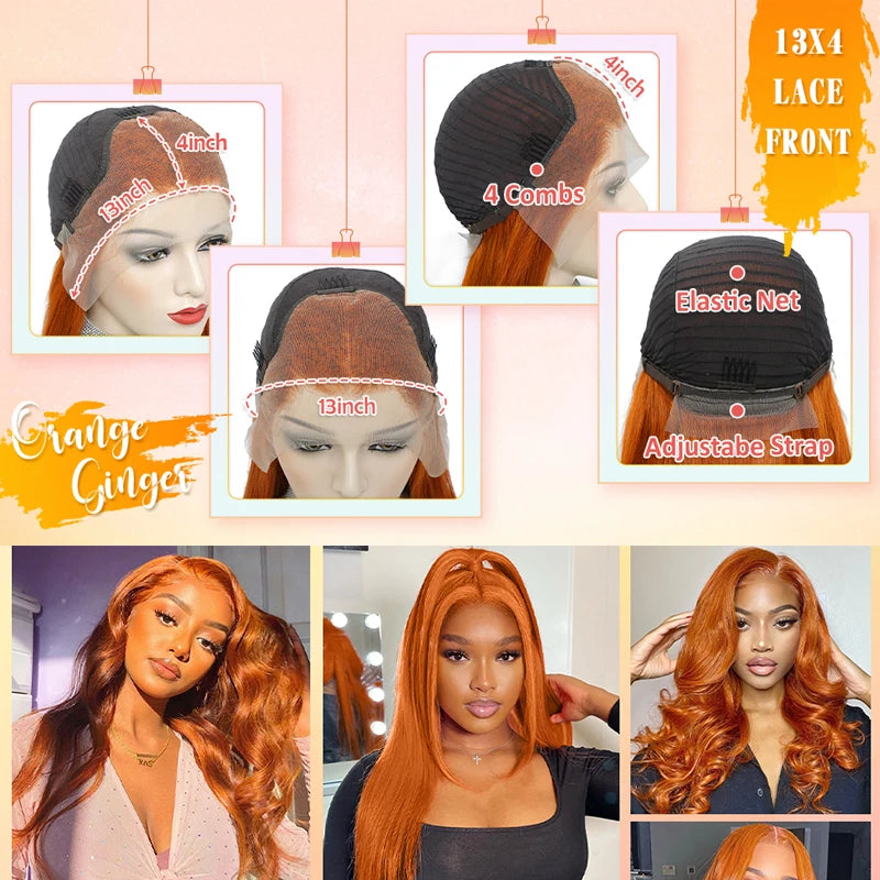 Orange Ginger Lace Front Human Hair Straight Lace Frontal Pre Plucked Wig