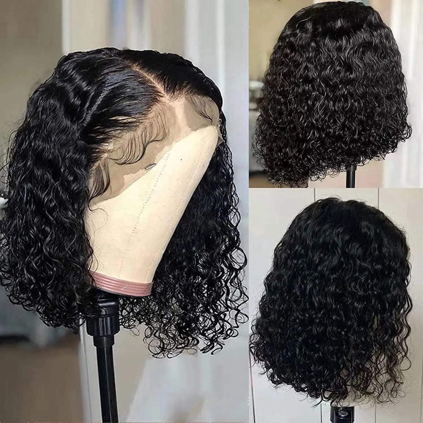 Deep Wave 180% Density Pre-Plucked Side Part Short Bob Lace Frontal Brazilian Virgin Human Hair Wigs
