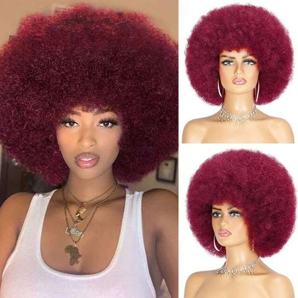 Peruvian Afro Curl 100% Remy Human Hair Short Wig With Bangs Glueless