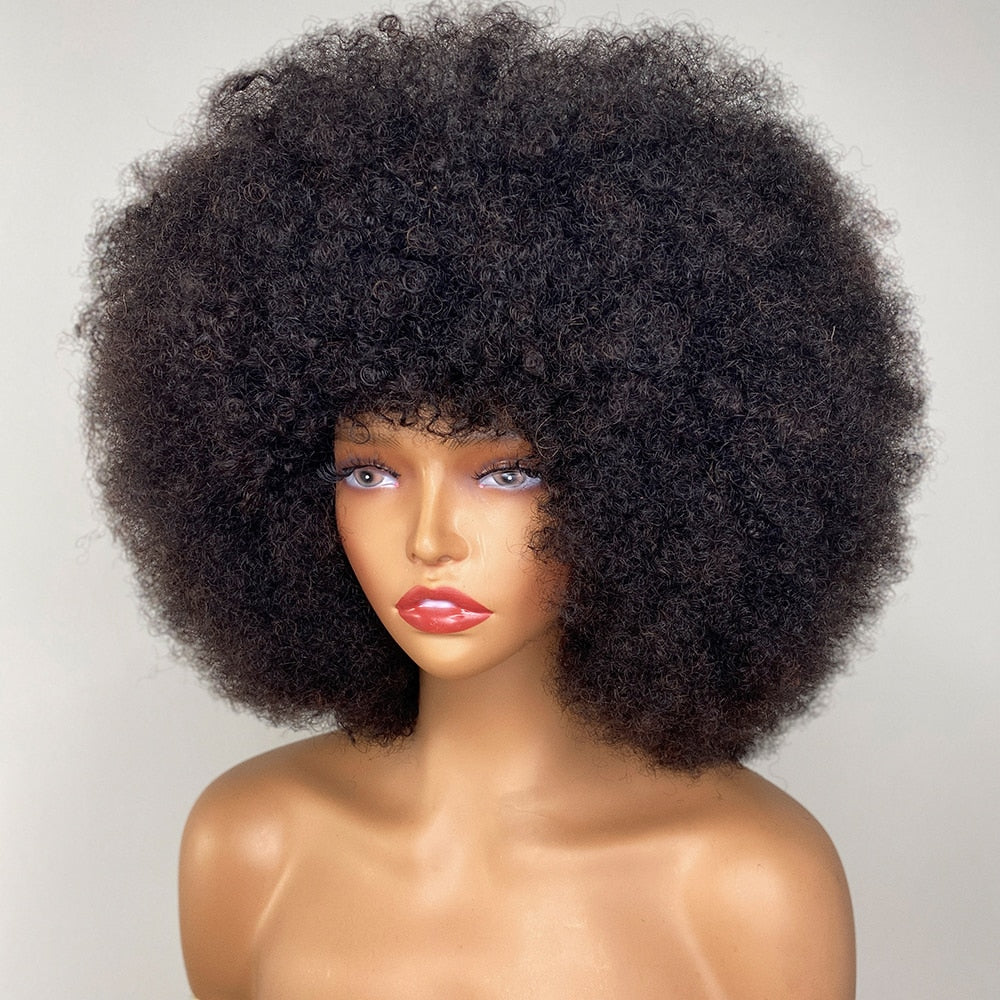 Fluffy Afro Kinky Curly Human Hair Wig With Thick Bang 70s Natural Short Bob Wigs - Supreme Lush Hair