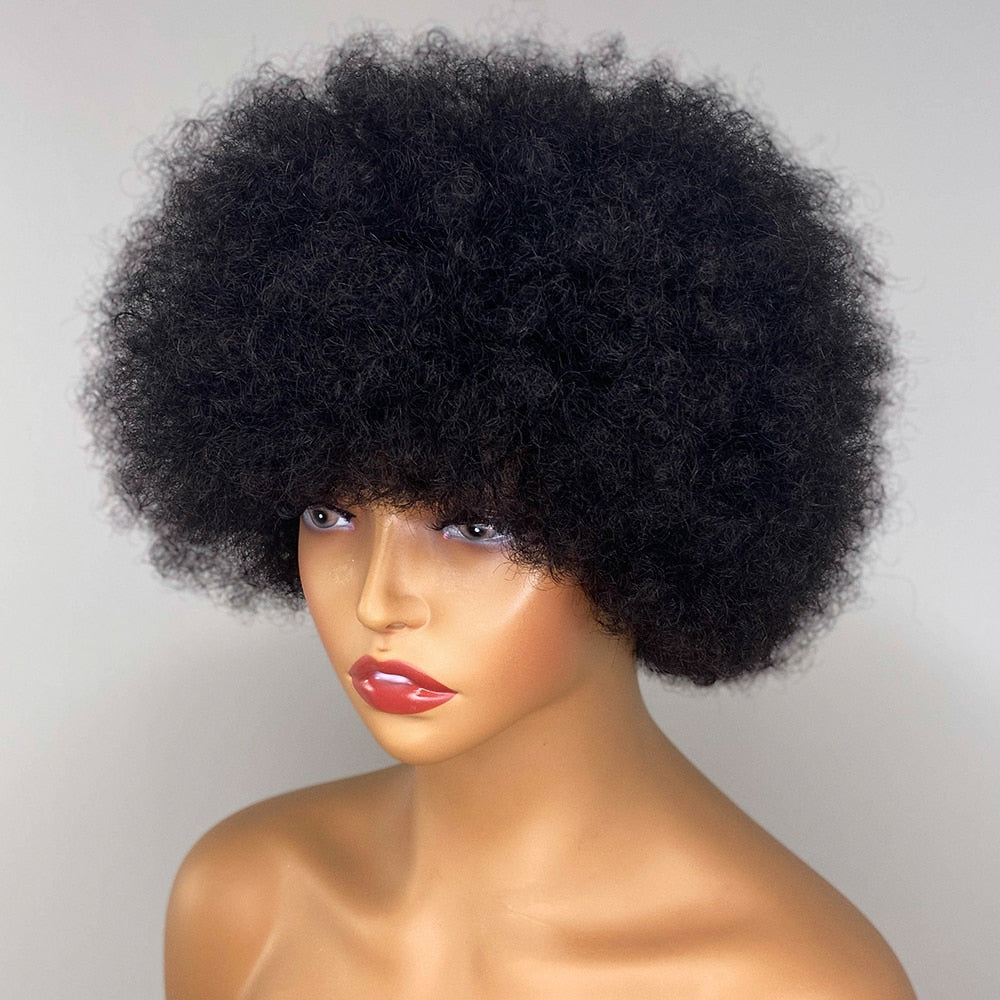 Fluffy Afro Kinky Curly Human Hair Wig With Thick Bang 70s Natural Short Bob Wigs - Supreme Lush Hair