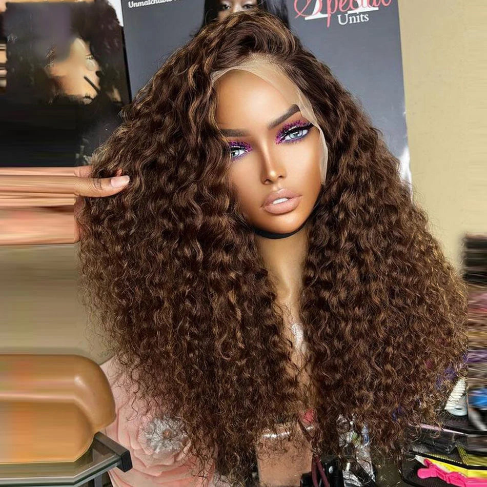 Natural Hairline Soft Pre plucked 26Inch Long 180%Density Glue less Brown Kinky Curly Lace Front Wig With Baby Hair
