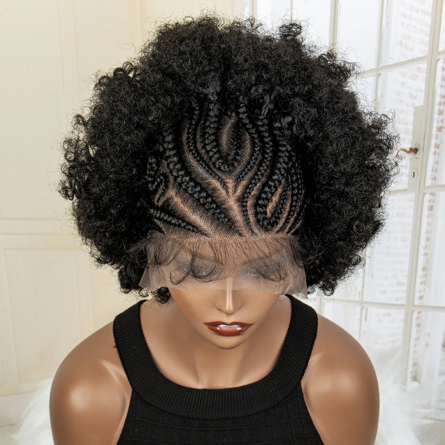 Synthetic 13x6 Lace Frontal Cornrow Braided Wig Kinky Curly Bob with Buns