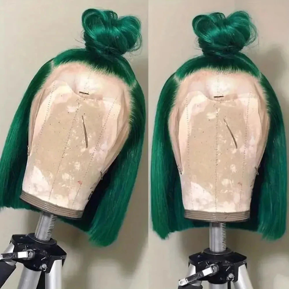 Straight Dark Green Short Bob Lace Front Human Hair Wig