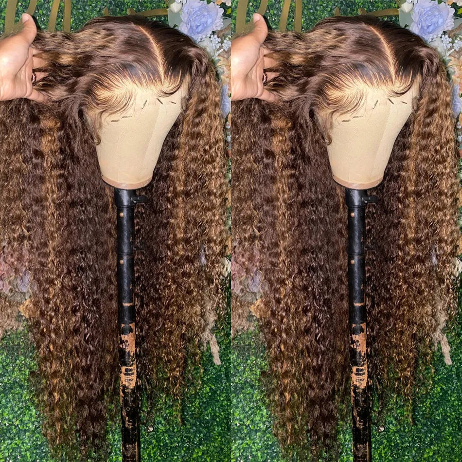 Pre Cut Highlight Curly Human Hair Deep Wave Bleached Wigs