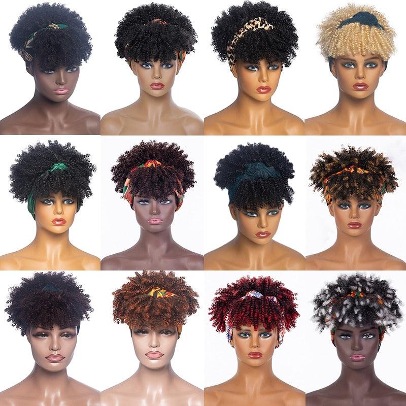 Short Kinky Curly Synthetic Headband Wigs with Scarf - Supreme Lush Hair