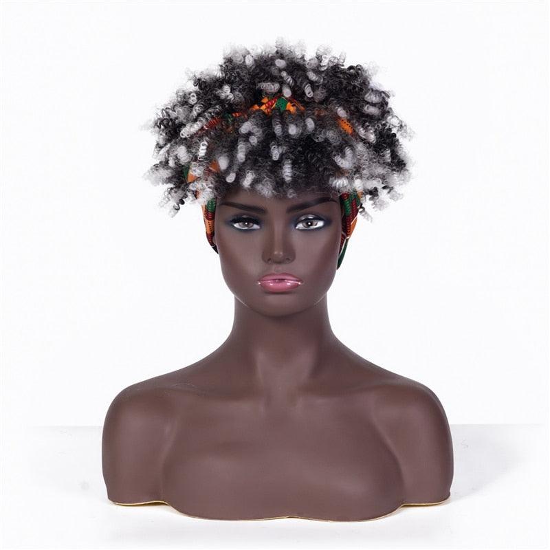 Short Kinky Curly Synthetic Headband Wigs with Scarf - Supreme Lush Hair