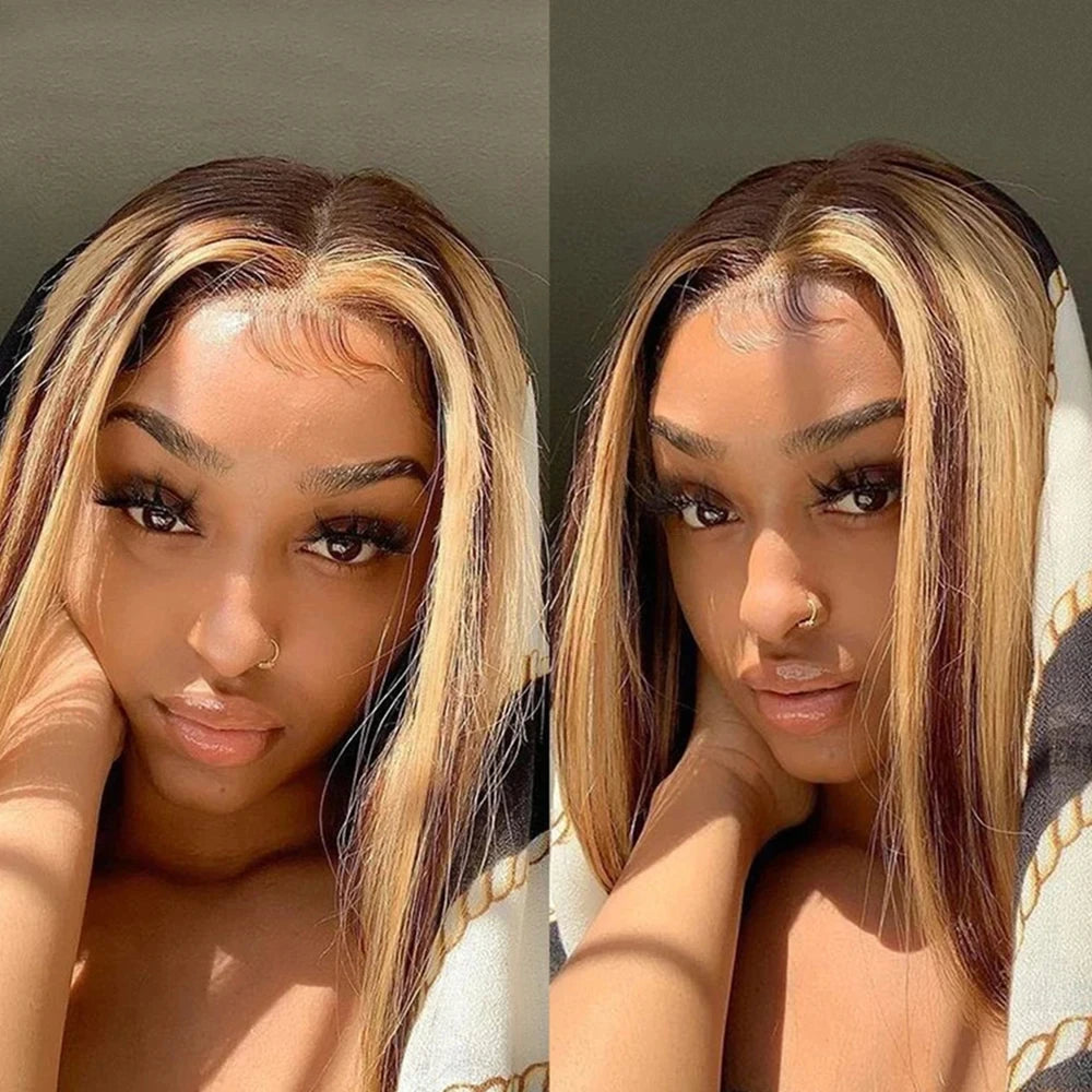 Short Straight P4/27 Color Bob Lace Front Human Hair Wigs Ombre Highlight Preplucked 13x4 Bob Lace Frontal Wigs 100% Human Hair