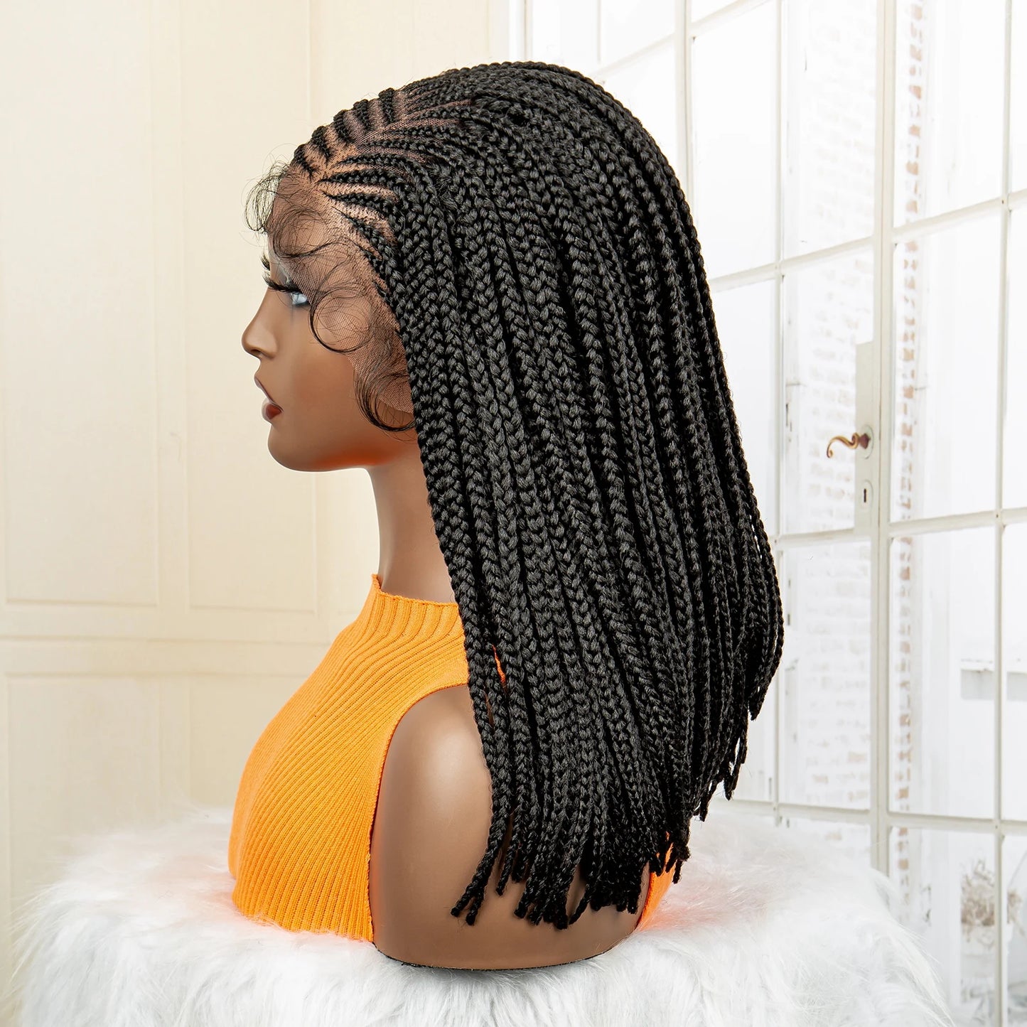 16 Inches Short Afro Bob Cornrow Braids Synthetic 13x4 Lace Frontal Natural Colour
