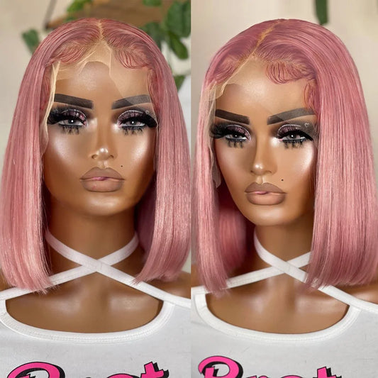 Pink Bob Wig Silky Straight Lace Front Human Hair Short Bob Transparent Lace Wig Bleached Knots Pre Plucked Pink