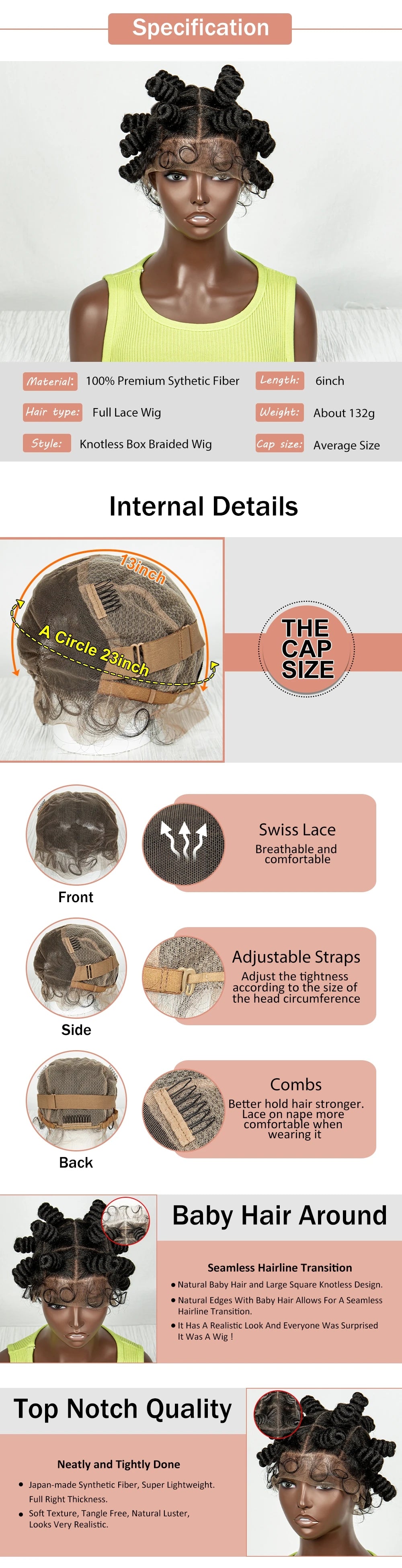 350 Coloured Knotless Box Braided Wig Full Lace Synthetic Cornrow Braided Wig with Baby Hair