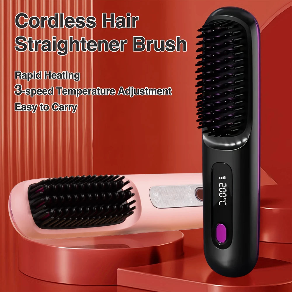 Wireless Hair Straightener Brush Ceramic Heating