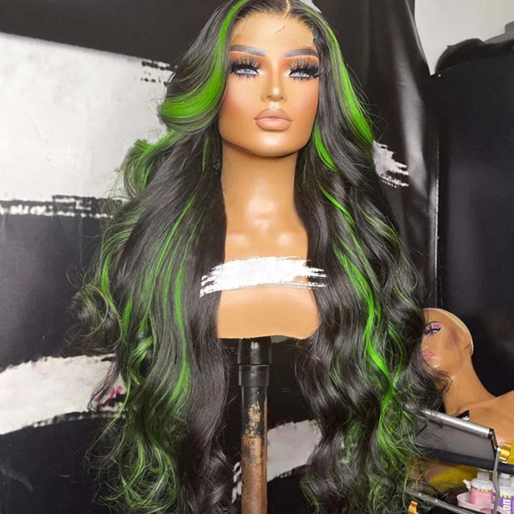 Highlight Green Body Wave Lace Front Human Hair Wigs HD Tranaparent 13x6 Lace Frontal Wig 100% Remy Red Highlight Human Hair Wig