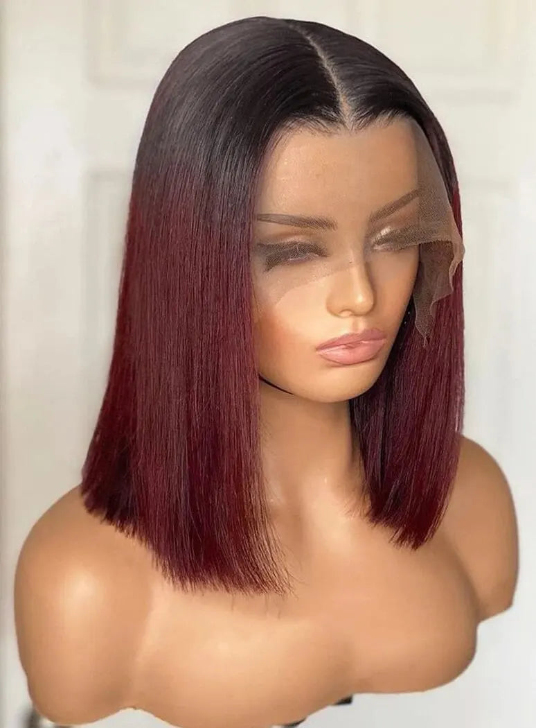 Burgundy Short Straight Bob Brazilian Lace Front Human Hair Wigs Pre Plucked T Part Lace Wigs Remy Hair