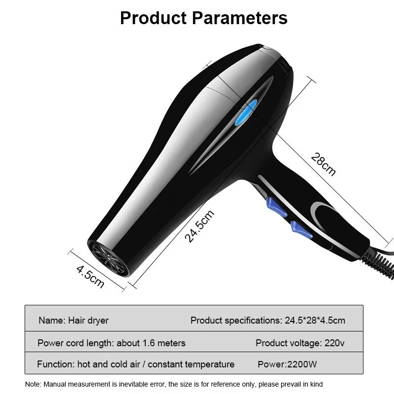 2200W Professional Powerful Hair Dryer Fast Heating Hot And Cold Adjustment Ionic Air Blow Dryer