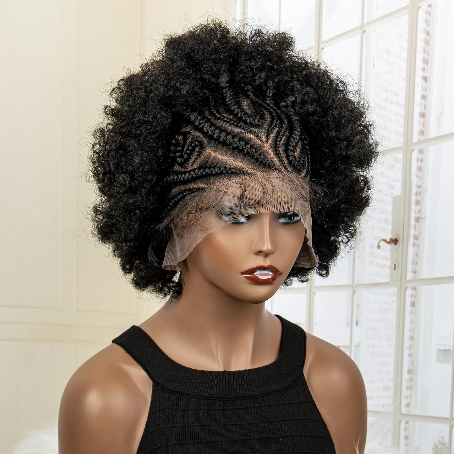 Synthetic 13x6 Lace Frontal Cornrow Braided Wig Kinky Curly Bob with Buns