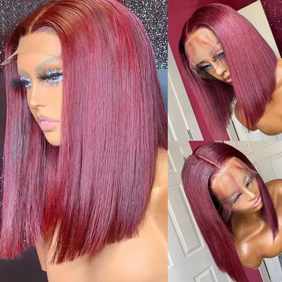 Burgundy Short Straight Bob Brazilian Lace Front Human Hair Wigs Pre Plucked T Part Lace Wigs Remy Hair