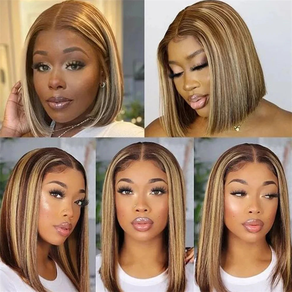 Short Straight P4/27 Color Bob Lace Front Human Hair Wigs Ombre Highlight Preplucked 13x4 Bob Lace Frontal Wigs 100% Human Hair