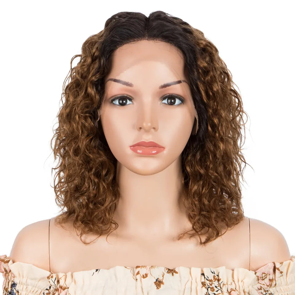 Sleek Curly Human Hair Brown Highlights Water Wave T Part Lace Wigs - Supreme Lush Hair