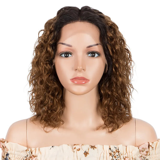 Sleek Curly Human Hair Brown Highlights Water Wave T Part Lace Wigs - Supreme Lush Hair