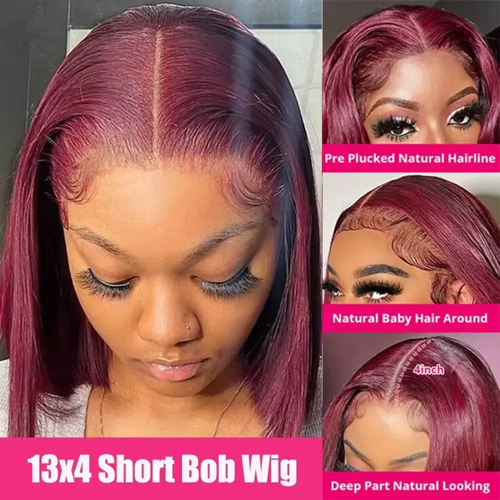 Transparent Full Frontal Lace Straight Short Burgundy Bob Human Hair Wigs