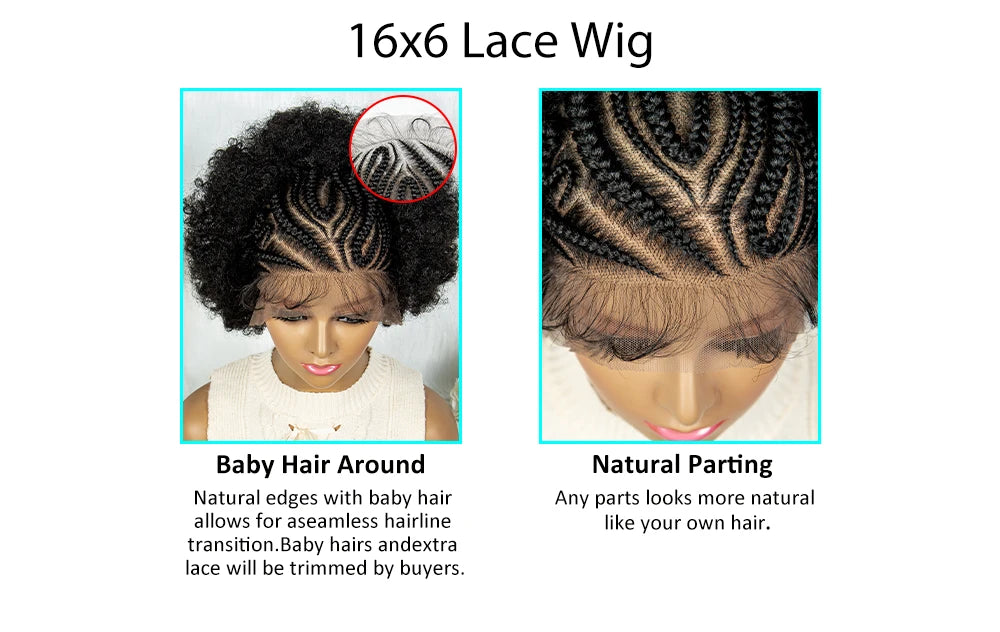 13x6 Lace Front  Cornrow With Baby Hair  Kinky Curly Hair Wigs