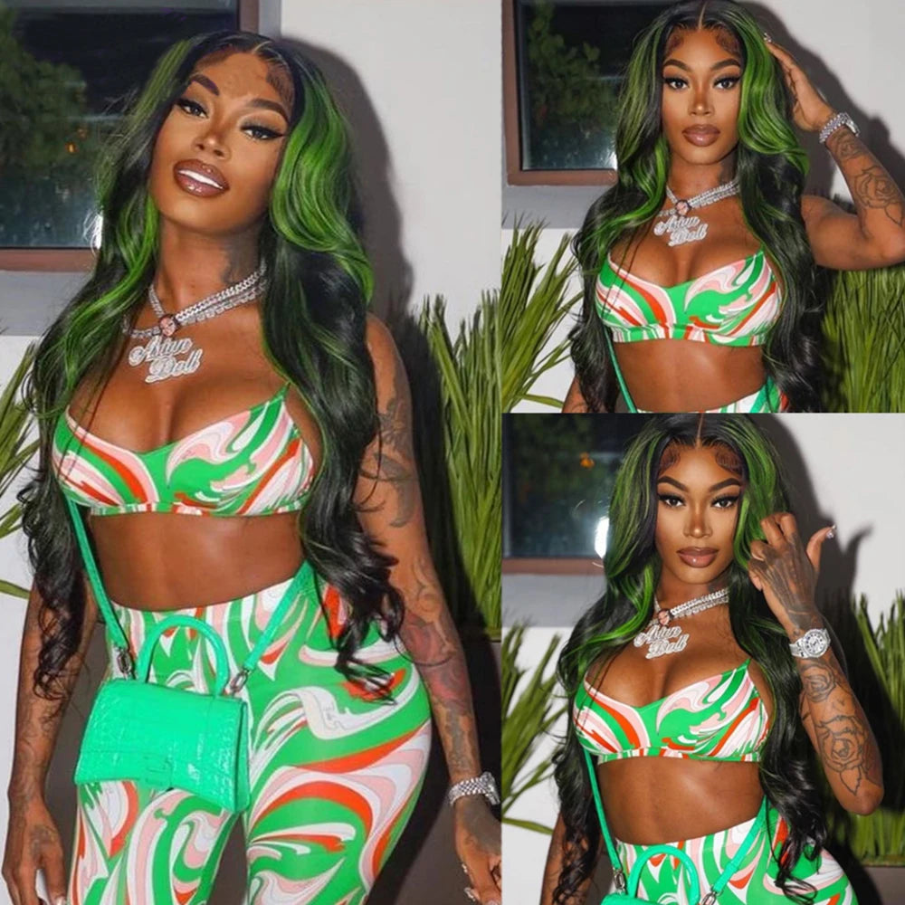Highlight Green Body Wave Lace Front Human Hair Wigs HD Tranaparent 13x6 Lace Frontal Wig 100% Remy Red Highlight Human Hair Wig
