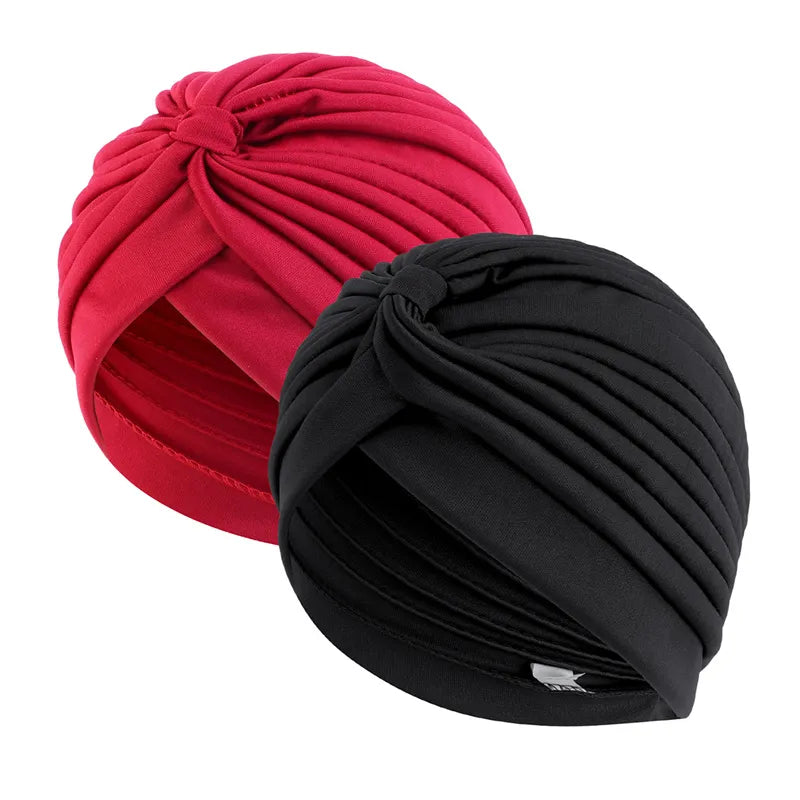 2pcs/lot Stretch Turbans Head Cover Twisted Pleated Headwrap Assorted Hair Cover Beanie Hats for Women Girls