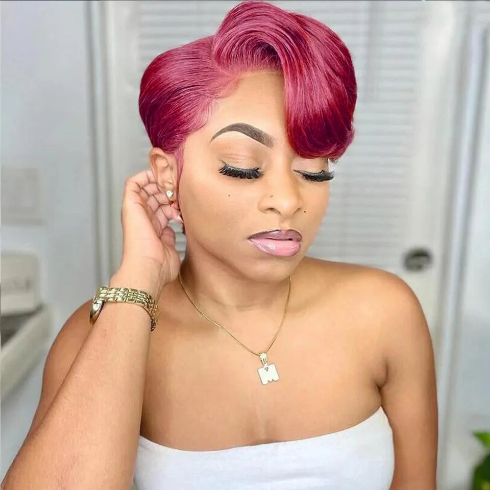 Brazilian Pixie Cut Wigs With Bangs Glueless Short Bob Human Hair