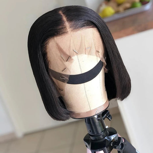 Pre Plucked Closure Brazilian Hair Lace Front Short Bob Wig Straight Natural Black Human Hair