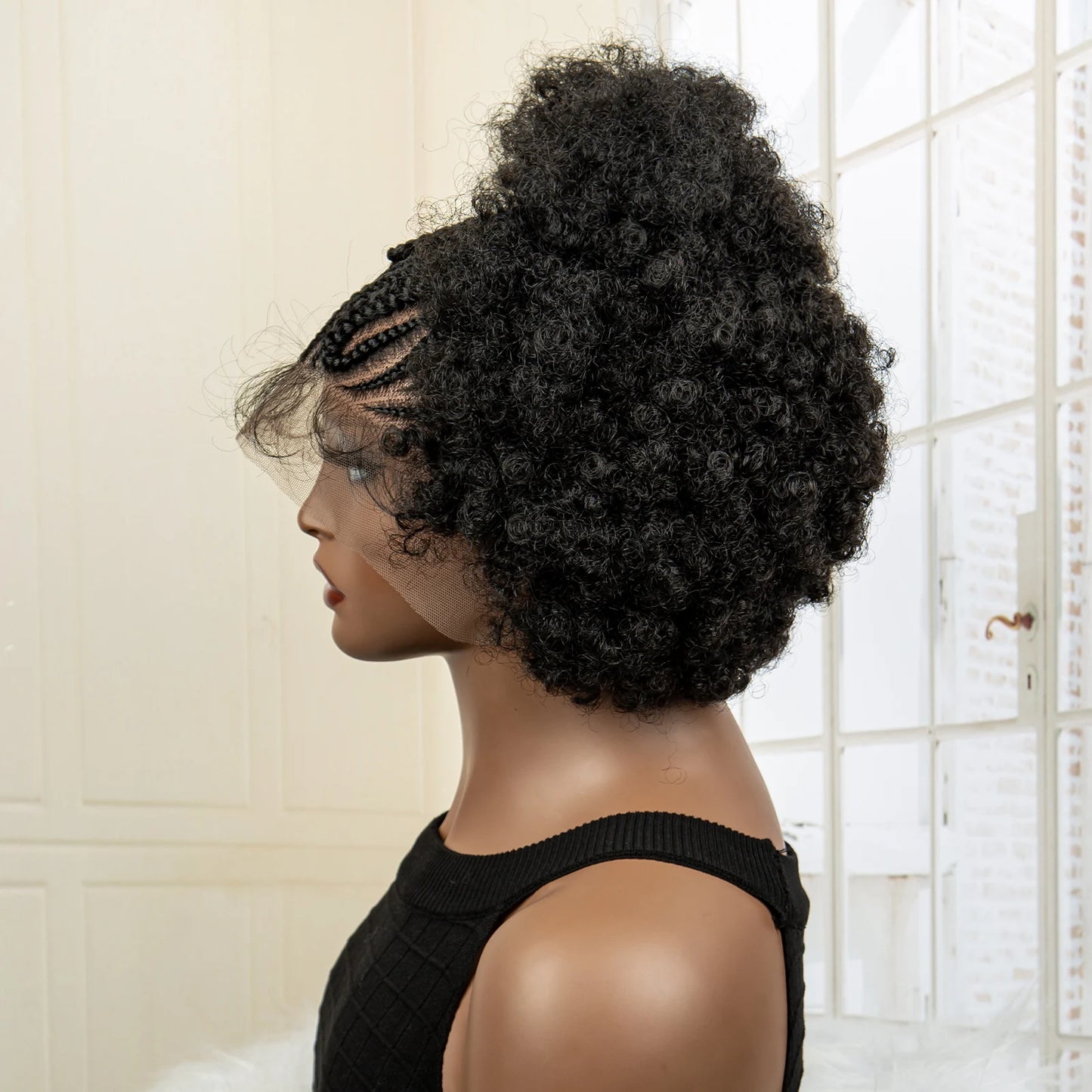 Synthetic 13x6 Lace Frontal Cornrow Braided Wig Kinky Curly Bob with Buns