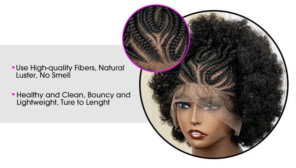Synthetic 13x6 Lace Frontal Cornrow Braided Wig Kinky Curly Bob with Buns