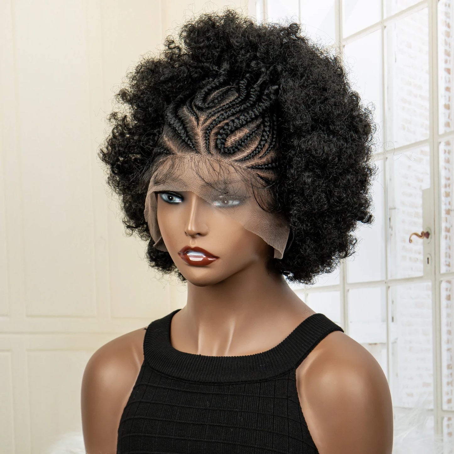 Synthetic 13x6 Lace Frontal Cornrow Braided Wig Kinky Curly Bob with Buns