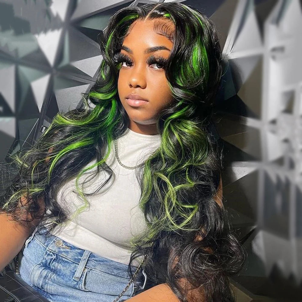 Highlight Green Body Wave Lace Front Human Hair Wigs HD Tranaparent 13x6 Lace Frontal Wig 100% Remy Red Highlight Human Hair Wig