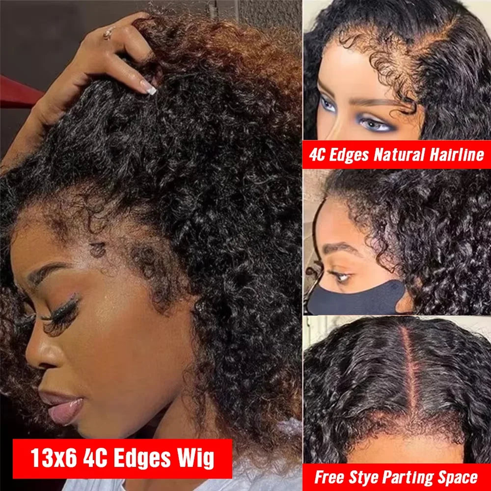 4C Edges Afro Curly 13x6 Lace Frontal 300% Kinky Curly Glueless Wigs Human Hair Pre Cut 7x5 HD Lace Closure Wigs