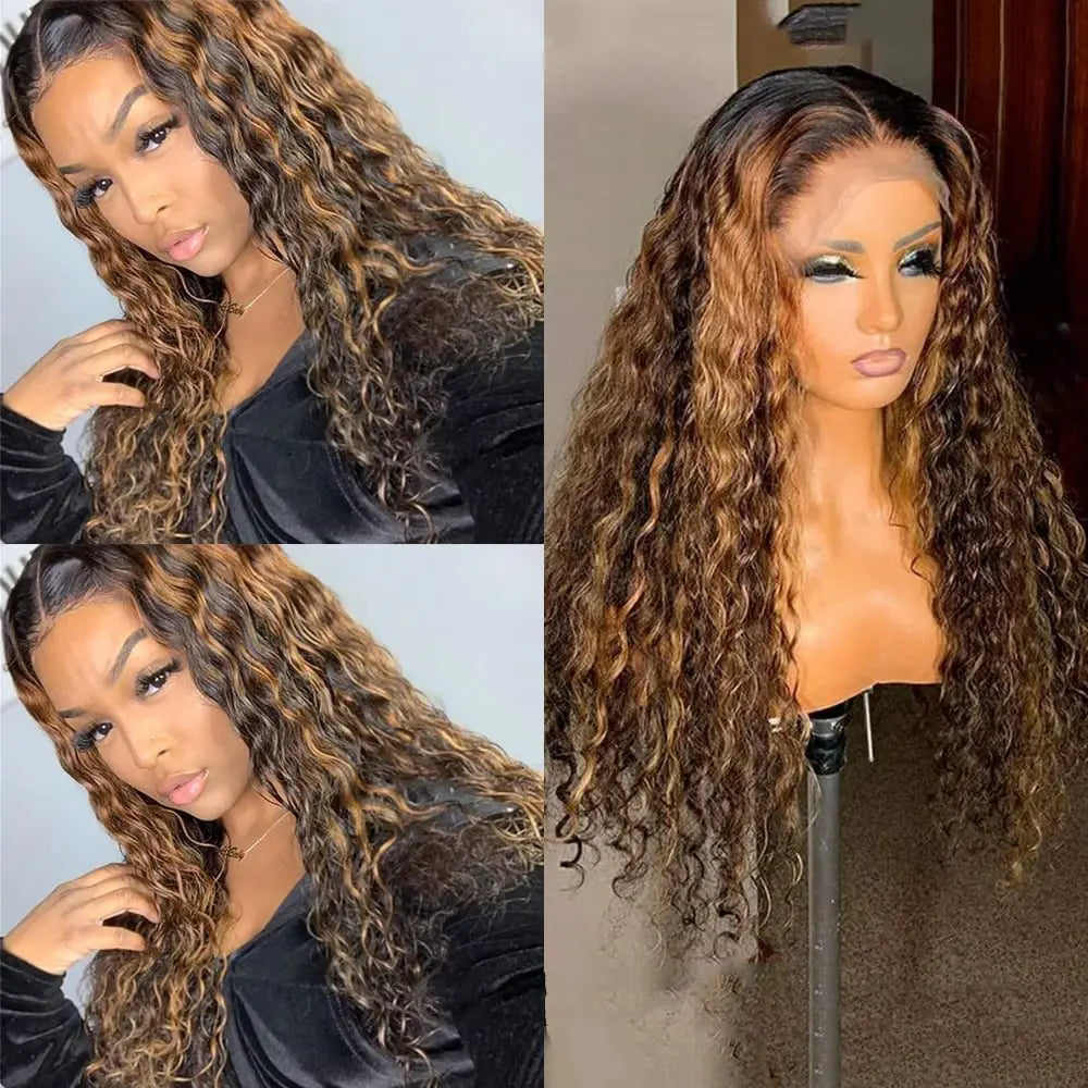 Sleek Curly Human Hair Brown Highlights Water Wave T Part Lace Wigs - Supreme Lush Hair