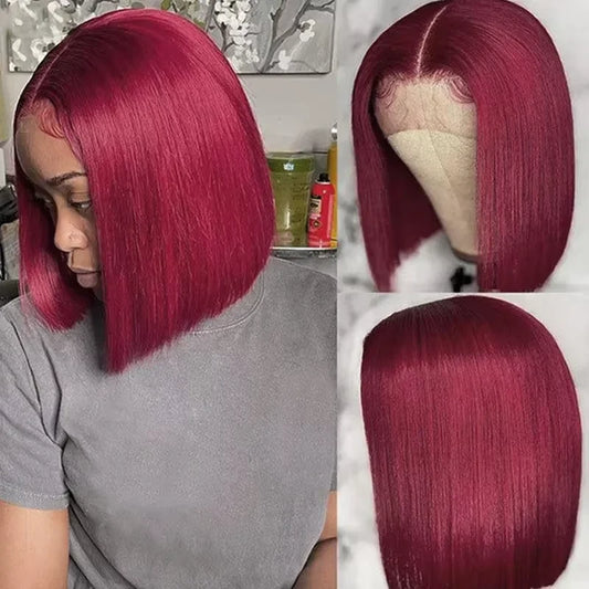 Transparent Full Frontal Lace Burgundy Straight Short Bob Human Hair Wigs