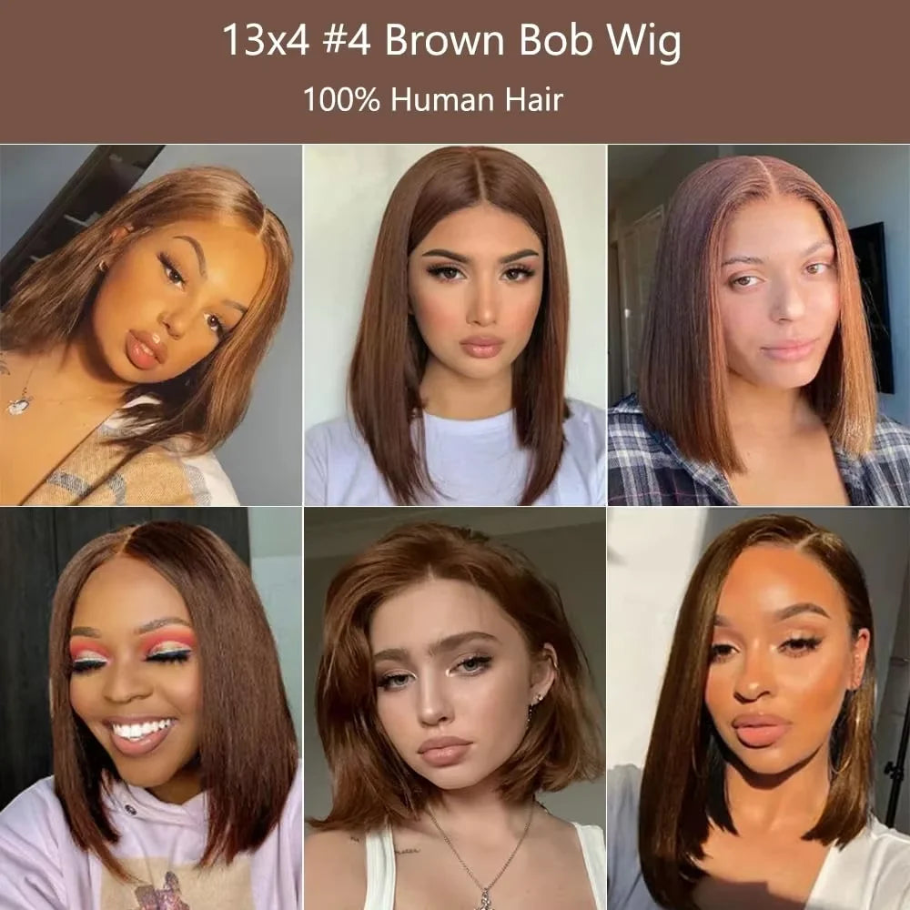 220 Density Full Frontal 13x4 HD Transparent Lace #4 Chocolate Brown Straight Short Bob