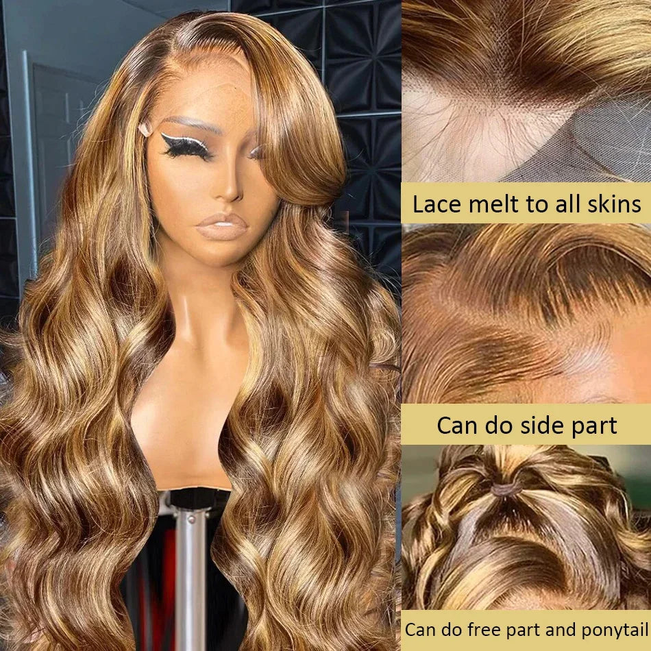30 40 Inch 4/27 Highlight Colored Ombre Blonde Body Wave Wig Human Hair Brazilian 13x6 HD Transparent Lace Frontal Wig For Women