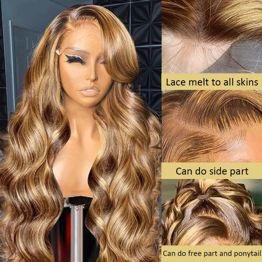 30 40 Inch 4/27 Highlight Colored Ombre Blonde Body Wave Wig Human Hair Brazilian 13x6 HD Transparent Lace Frontal Wig For Women