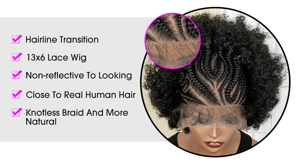 Synthetic 13x6 Lace Frontal Cornrow Braided Wig Kinky Curly Bob with Buns