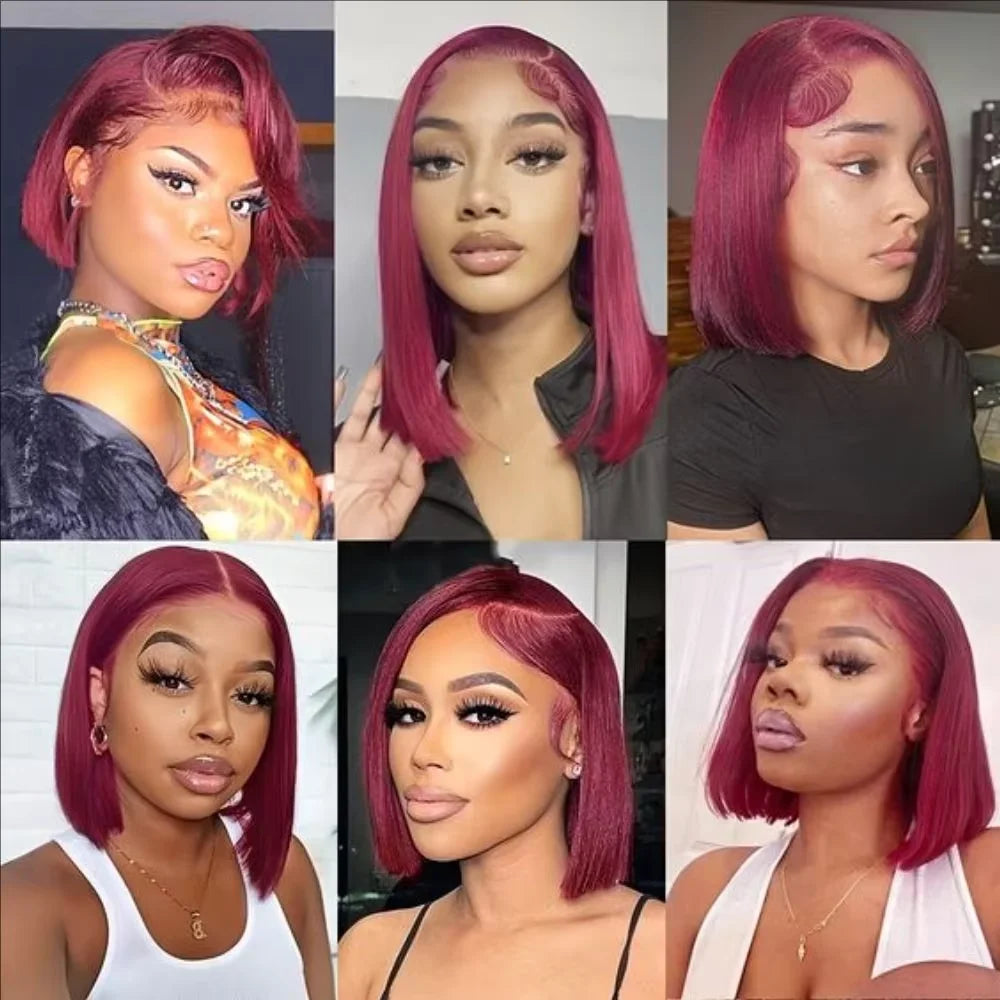 Transparent Full Frontal Lace Burgundy Straight Short Bob Human Hair Wigs