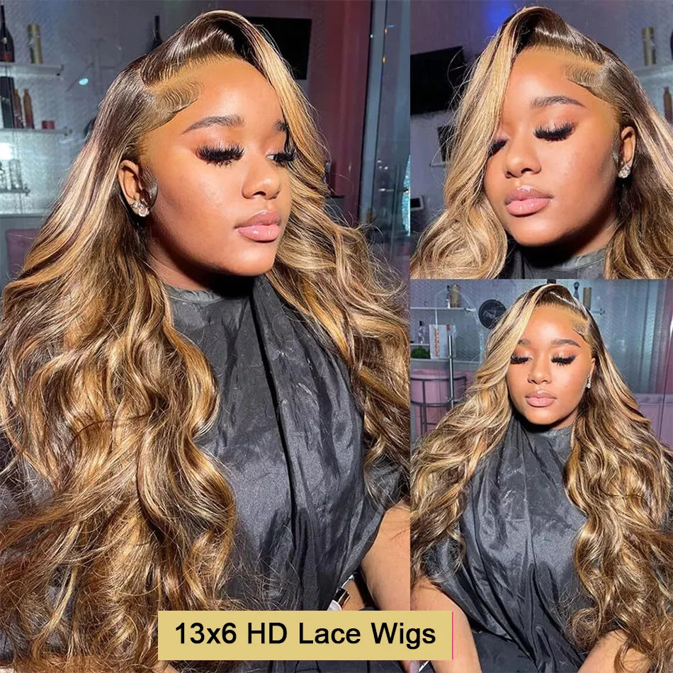 30 40 Inch 4/27 Highlight Colored Ombre Blonde Body Wave Wig Human Hair Brazilian 13x6 HD Transparent Lace Frontal Wig For Women