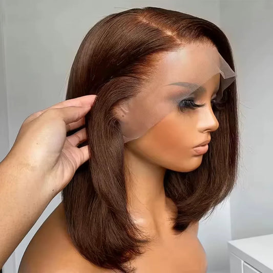 220 Density Full Frontal 13x4 HD Transparent Lace #4 Chocolate Brown Straight Short Bob