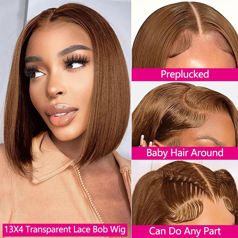220 Density Full Frontal 13x4 HD Transparent Lace #4 Chocolate Brown Straight Short Bob