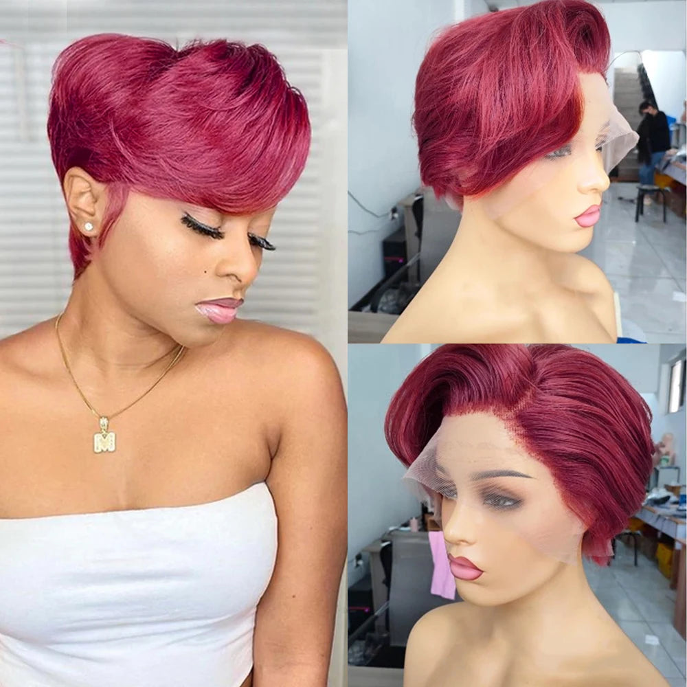 Brazilian Pixie Cut Wigs With Bangs Glueless Short Bob Human Hair