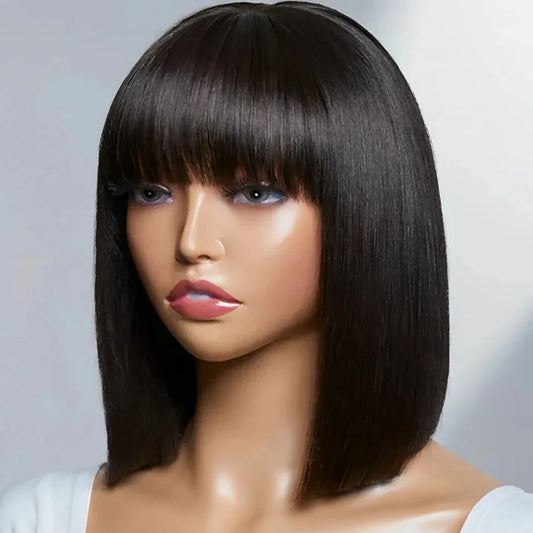 Bob Wig With Bangs Silk Straight Brazilian Wig
